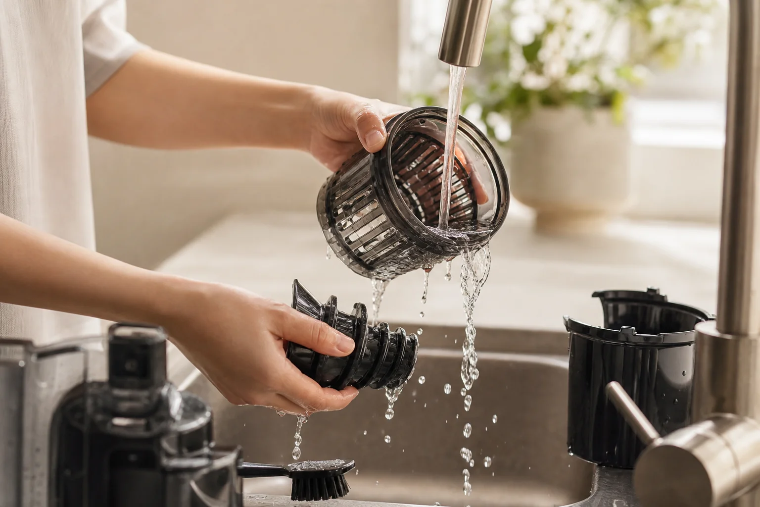 Hands rinsing juicer parts under running water at a kitchen sink