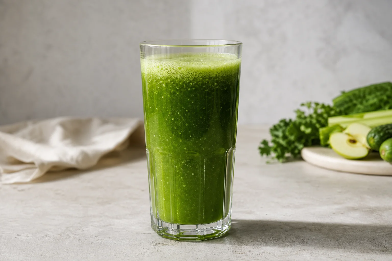 A glass of fresh green juice with visible pulp sitting on a kitchen counter