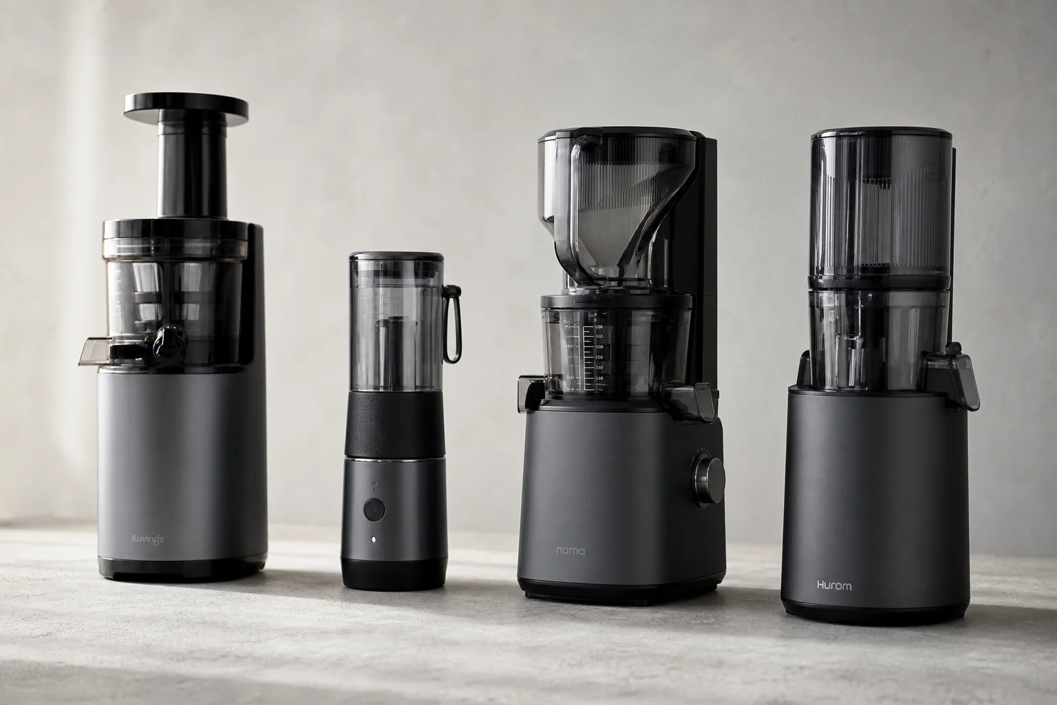 Four cold-press juicers arranged on concrete surface showing different sizes and designs