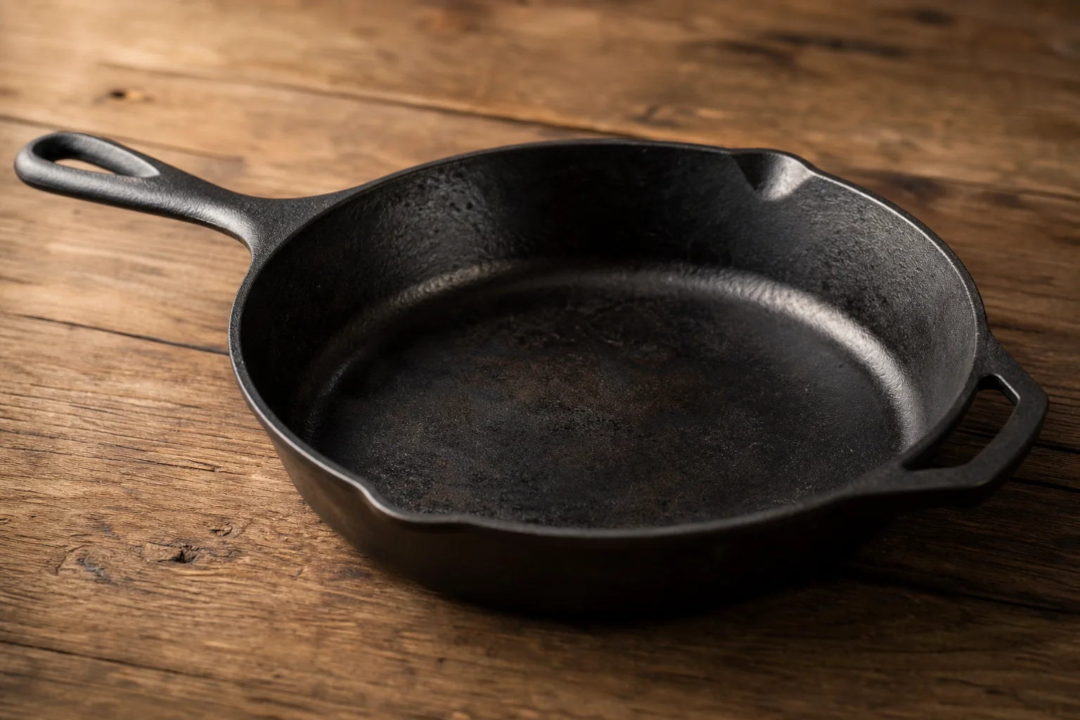 Cast iron skillet seasoned with dark patina on a wooden surface