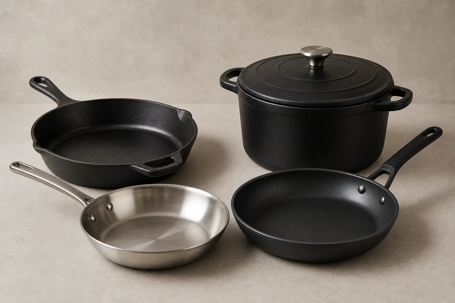 Collection of budget cookware including stainless steel, cast iron, non-stick, and enameled pans