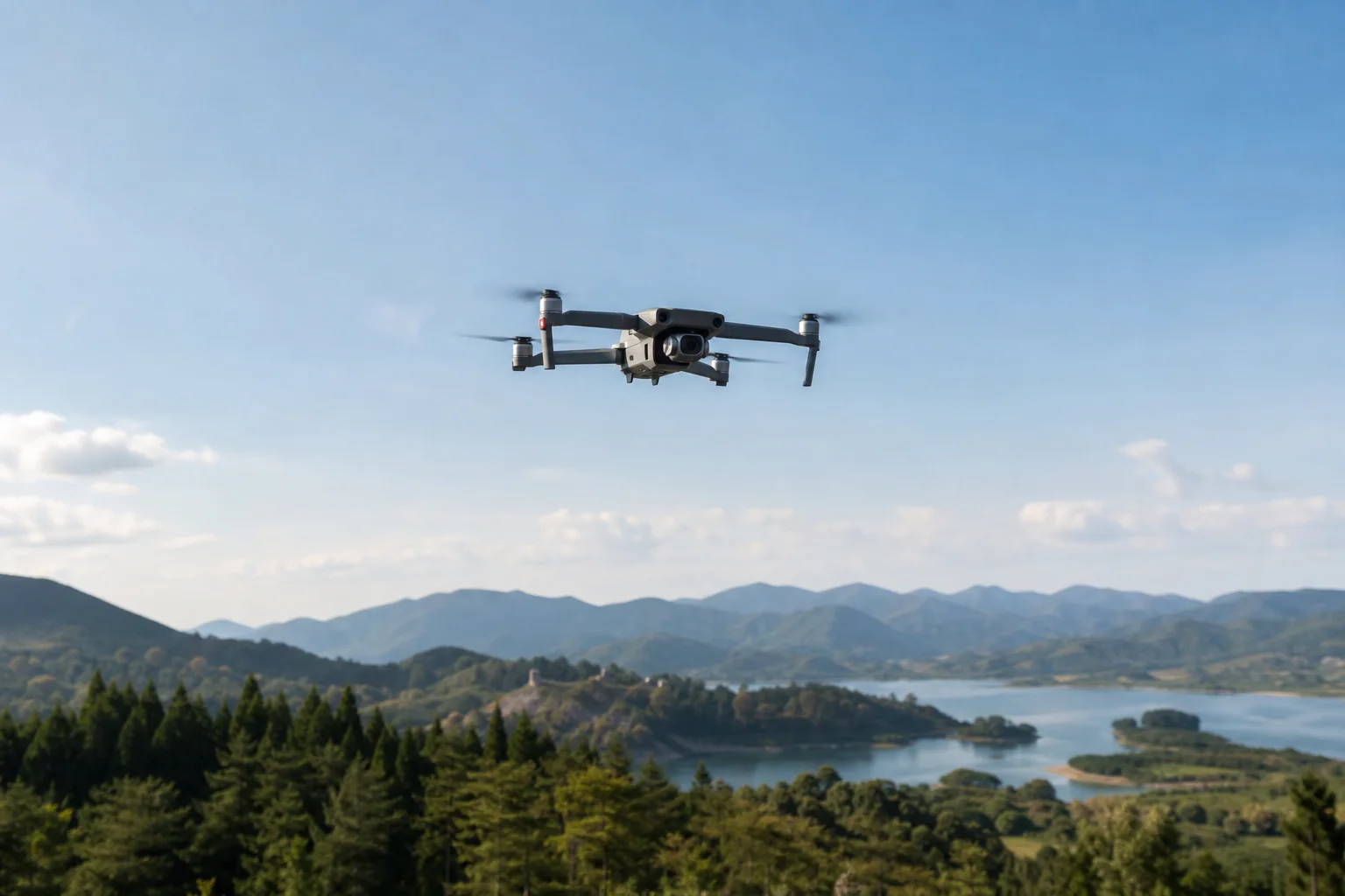 Compact drone hovering above outdoor landscape with trees and sky