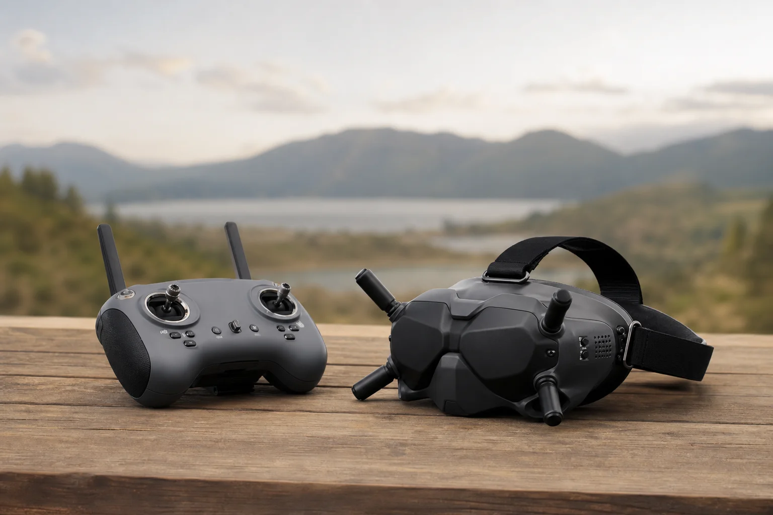FPV drone controller and headset on wooden surface with outdoor background