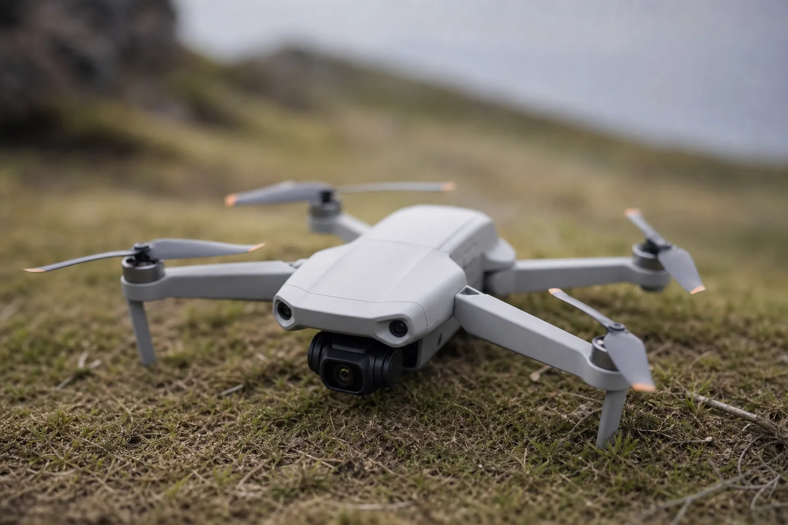 Compact GPS drone on natural outdoor grass surface