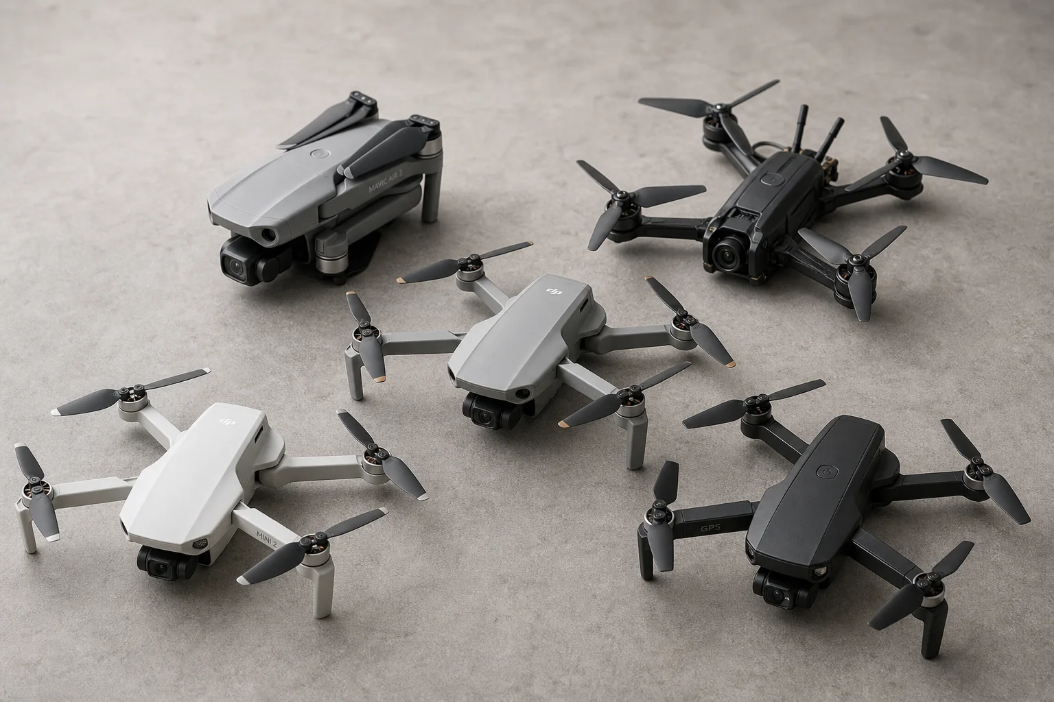 Five budget drones arranged on grey concrete surface