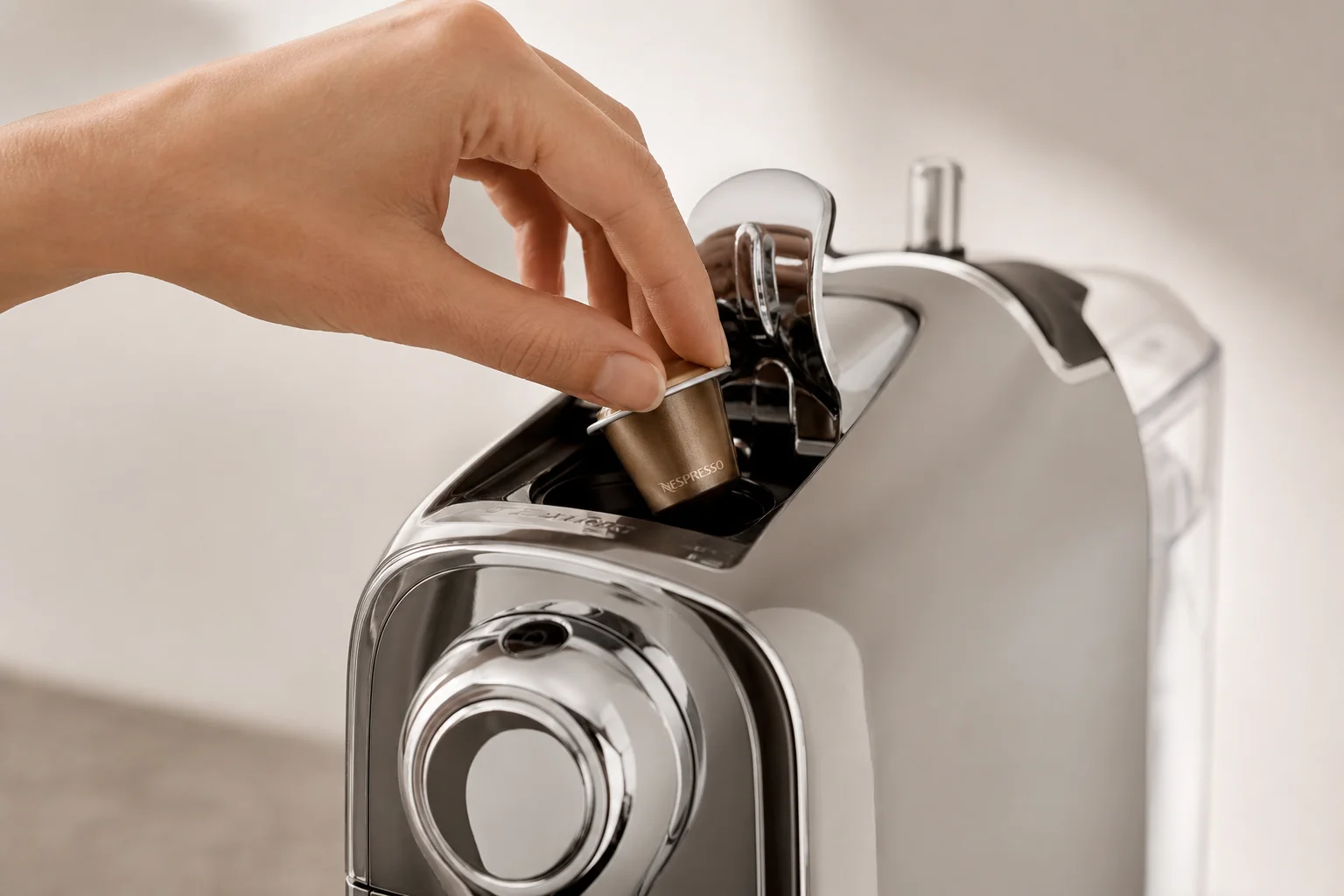 將 Nespresso 膠囊放入現代化義式咖啡機中