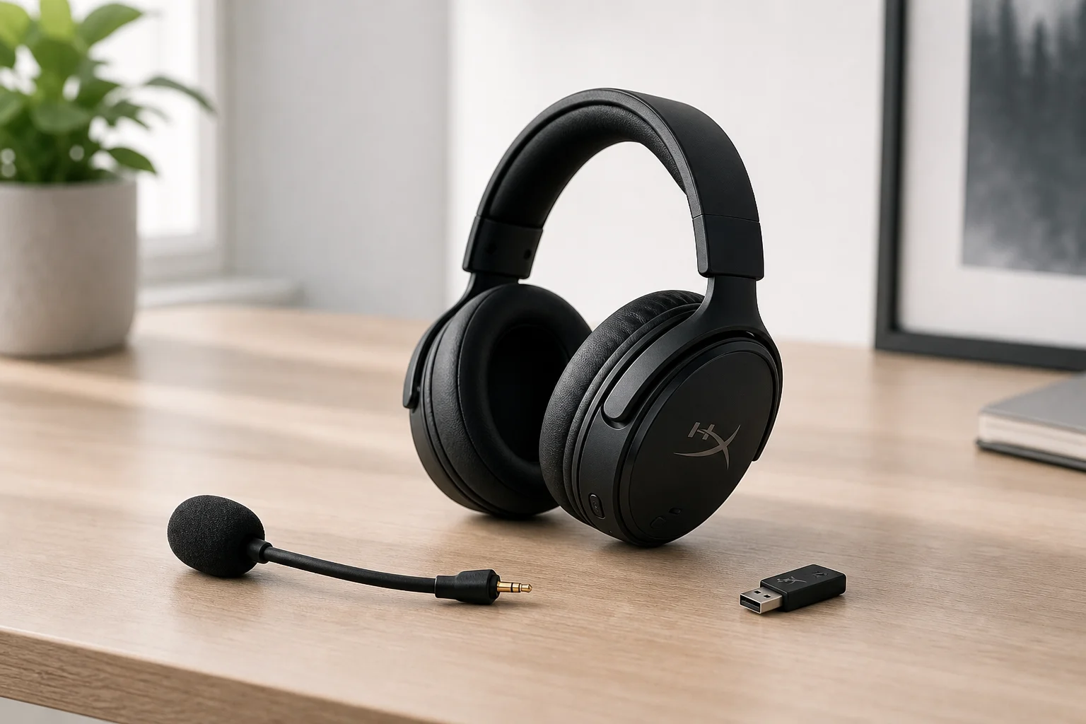 Wireless gaming headset with detachable microphone on desk setup