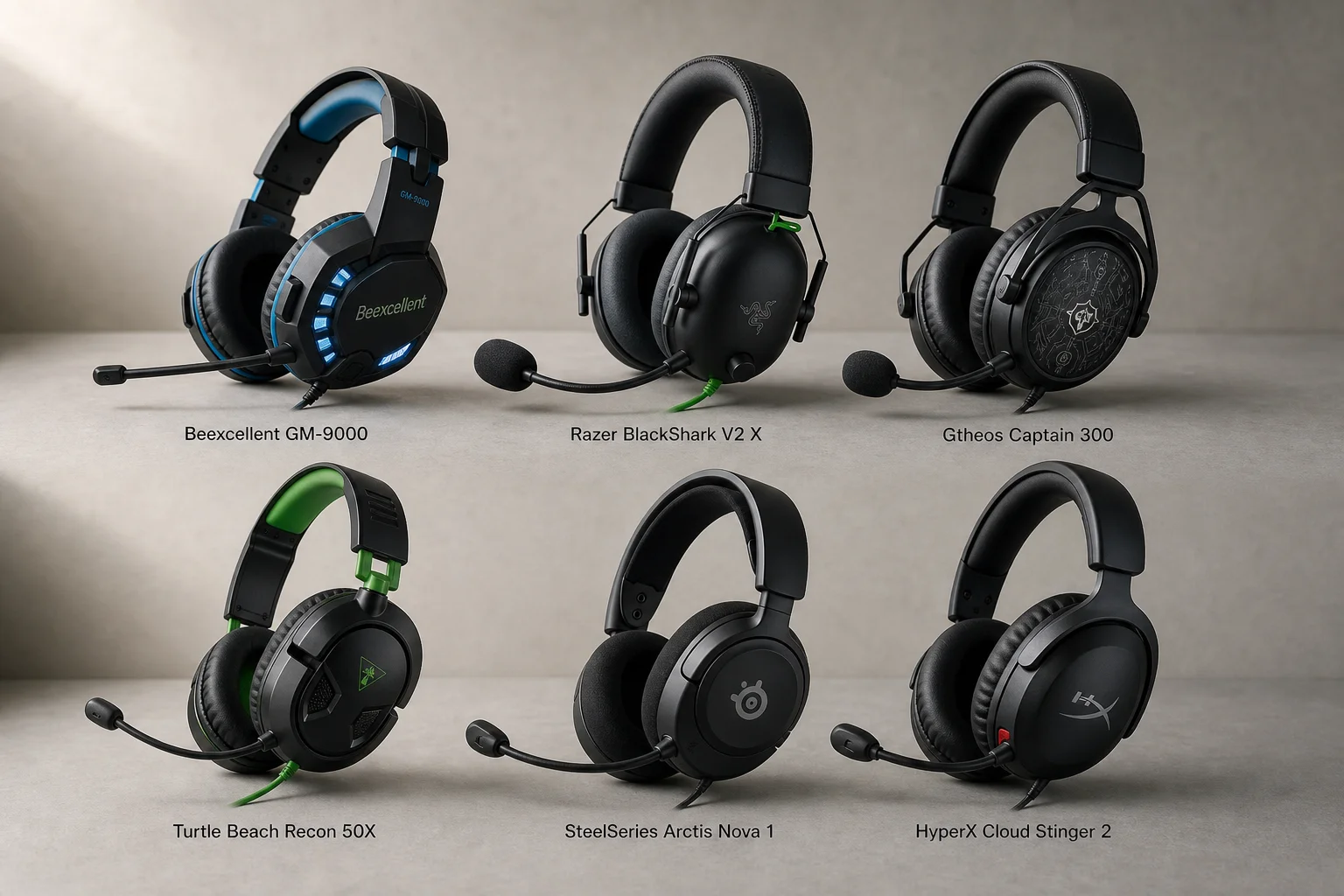 Six budget gaming headsets arranged on concrete surface