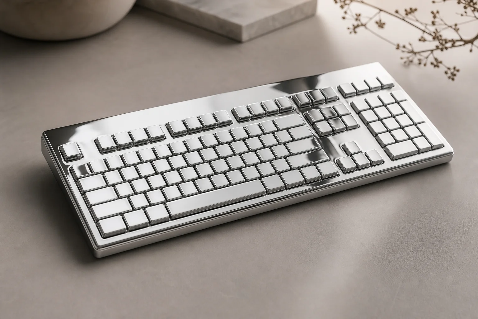 Premium aluminum keyboard with mirror finish reflecting light on workspace