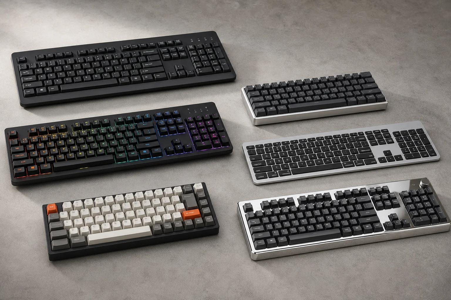 Six budget mechanical keyboards arranged on concrete surface showing variety of styles and colors