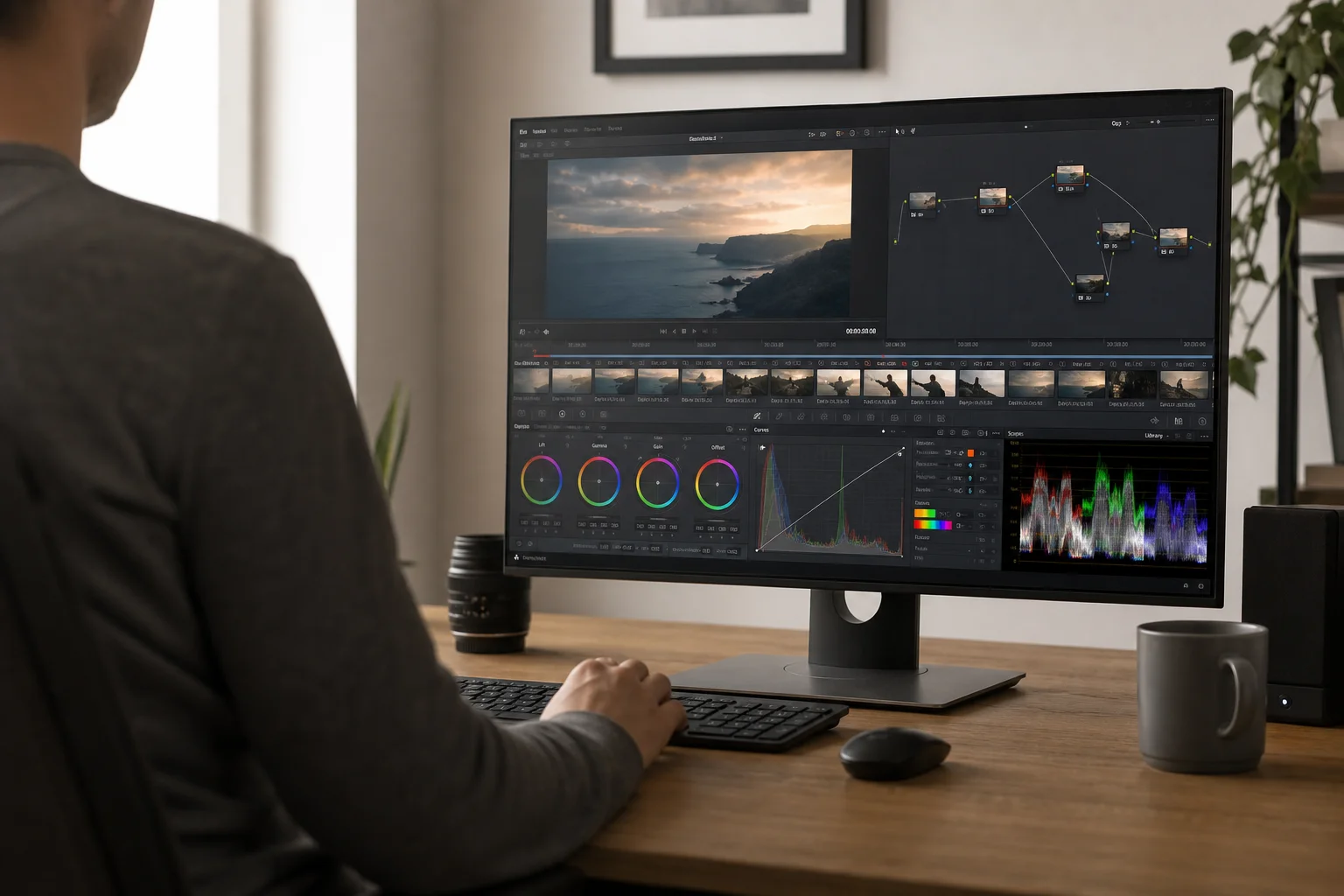 Video editor at desk with monitor displaying colour grading interface