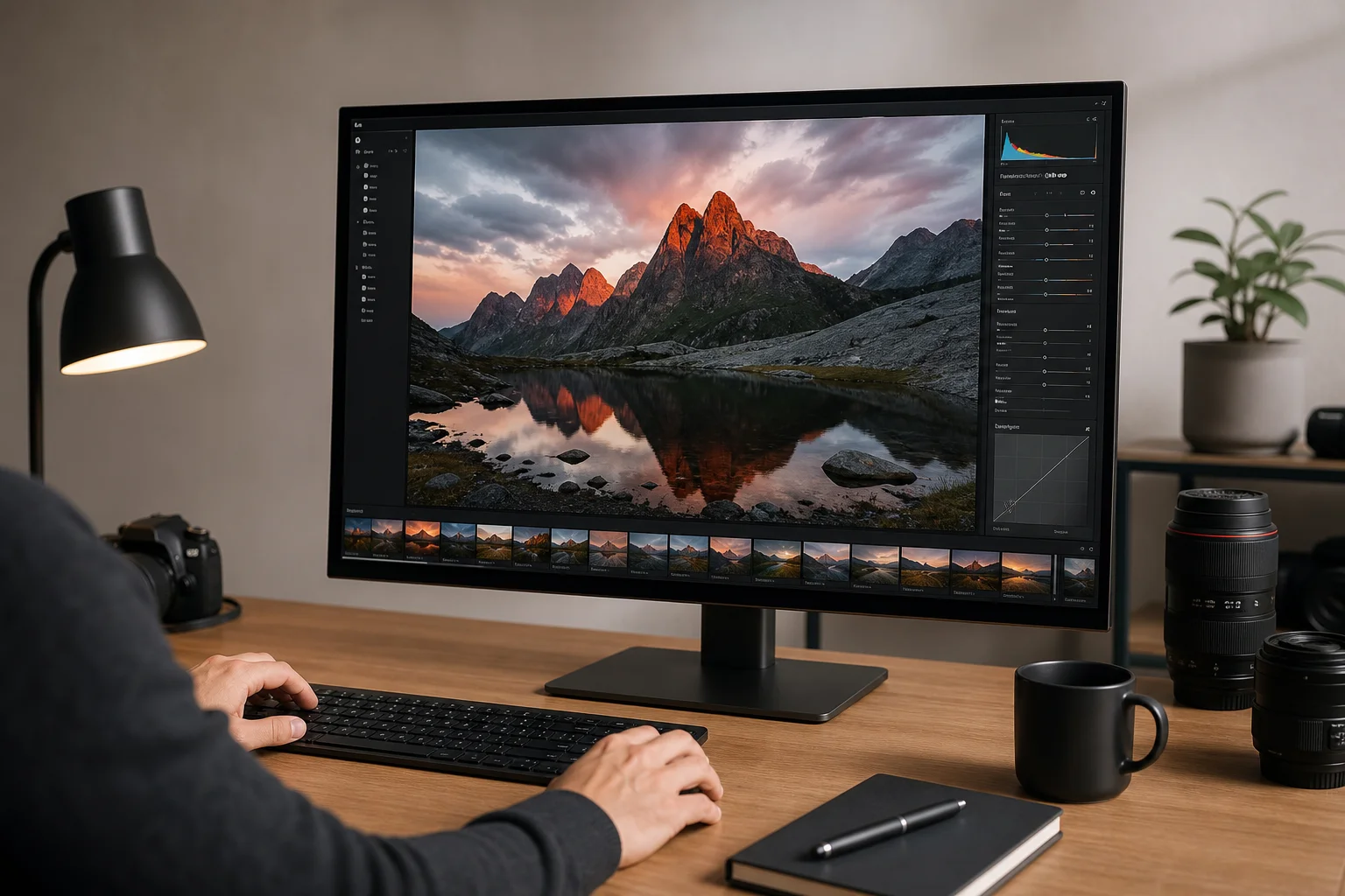 Photographer reviewing high-resolution images on 4K OLED monitor