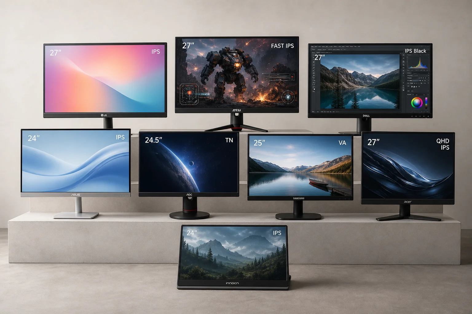 Eight computer monitors of varying sizes displayed on a concrete surface showing different content