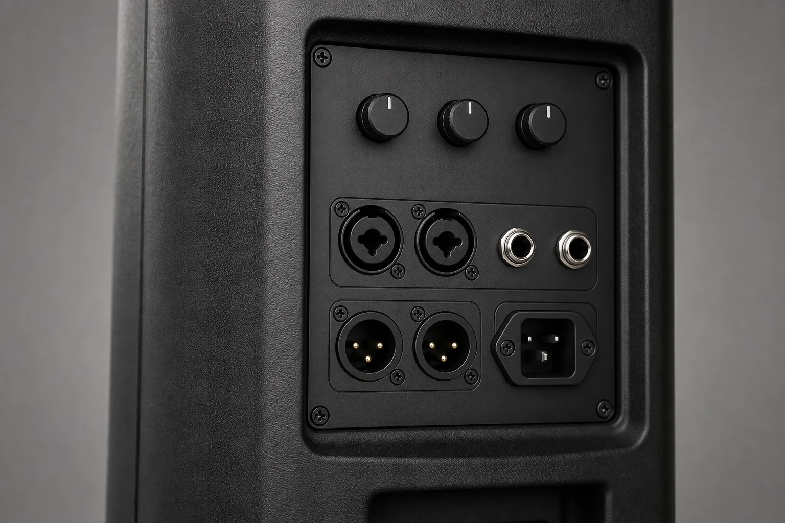 Close-up of PA speaker rear panel with XLR and TRS input connectors
