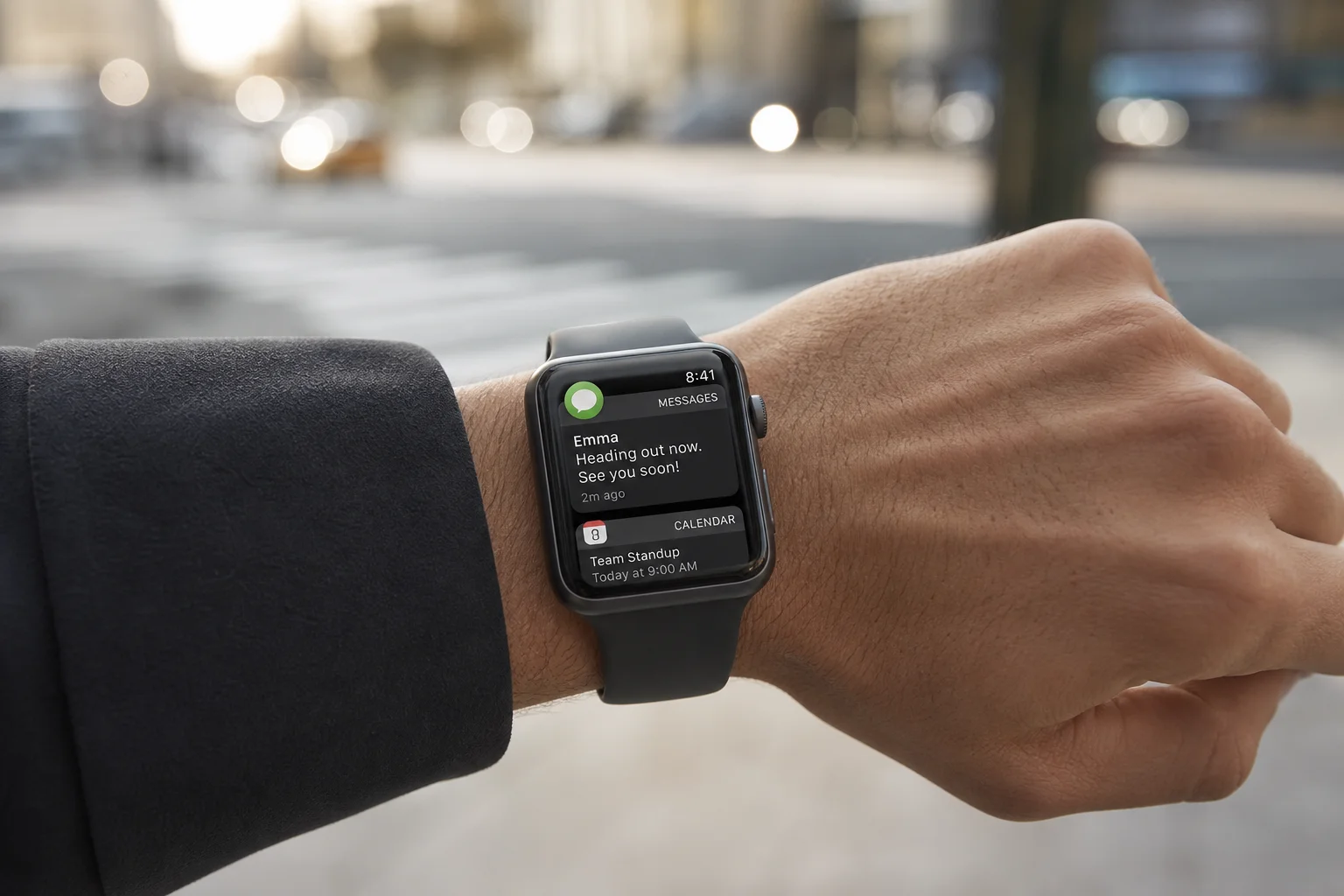 Person checking smartwatch notifications while commuting in urban setting