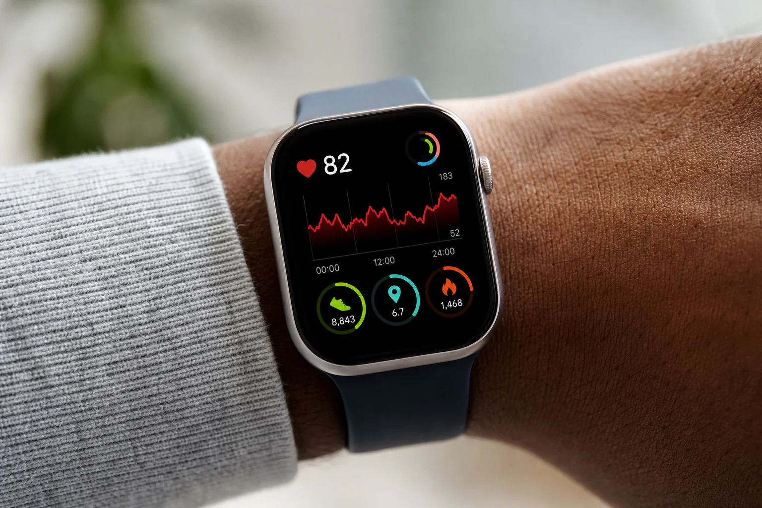 Smartwatch display showing fitness metrics and heart rate data in detail