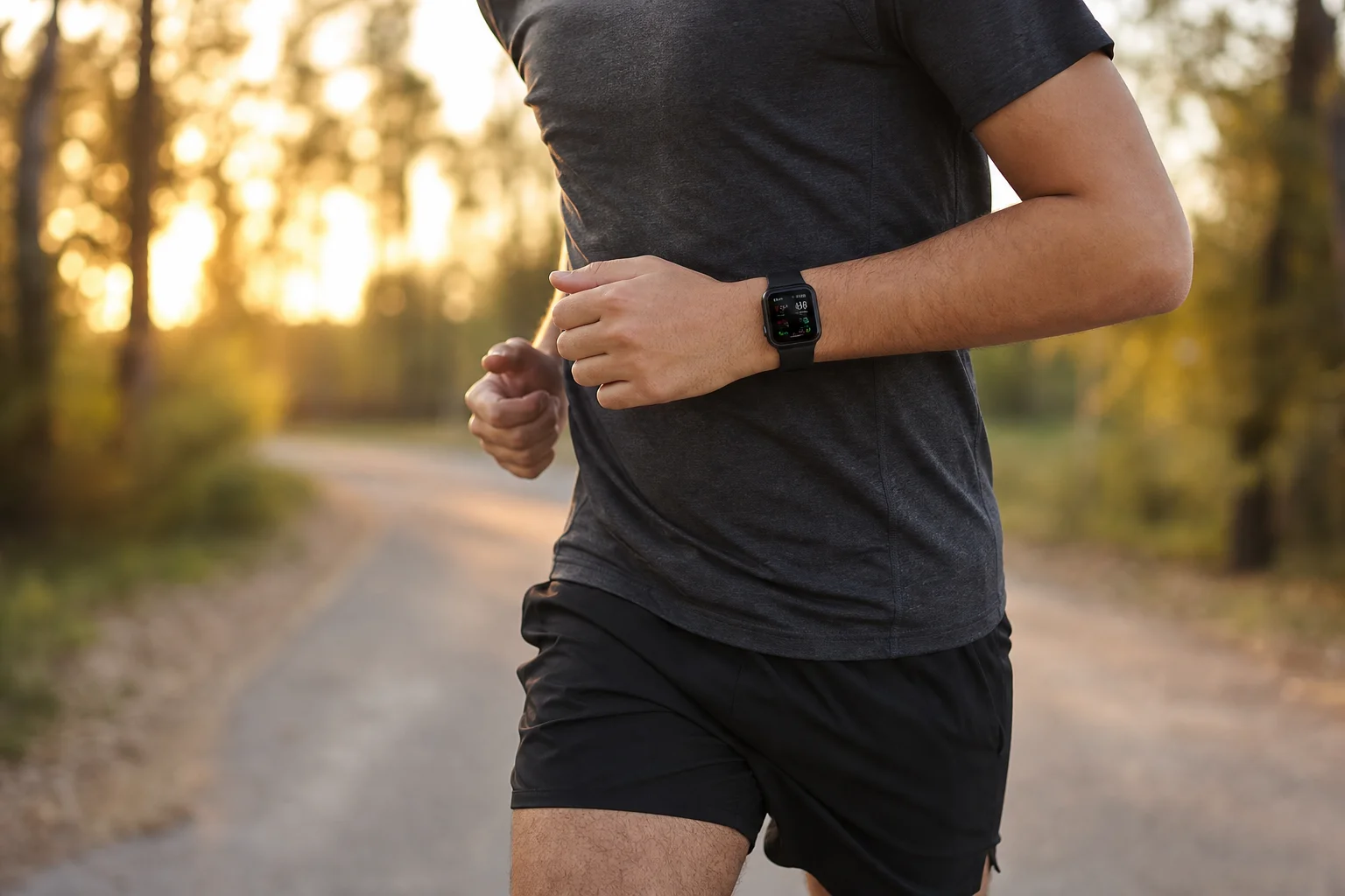 Outdoor runner wearing smartwatch with GPS tracking on tree-lined path