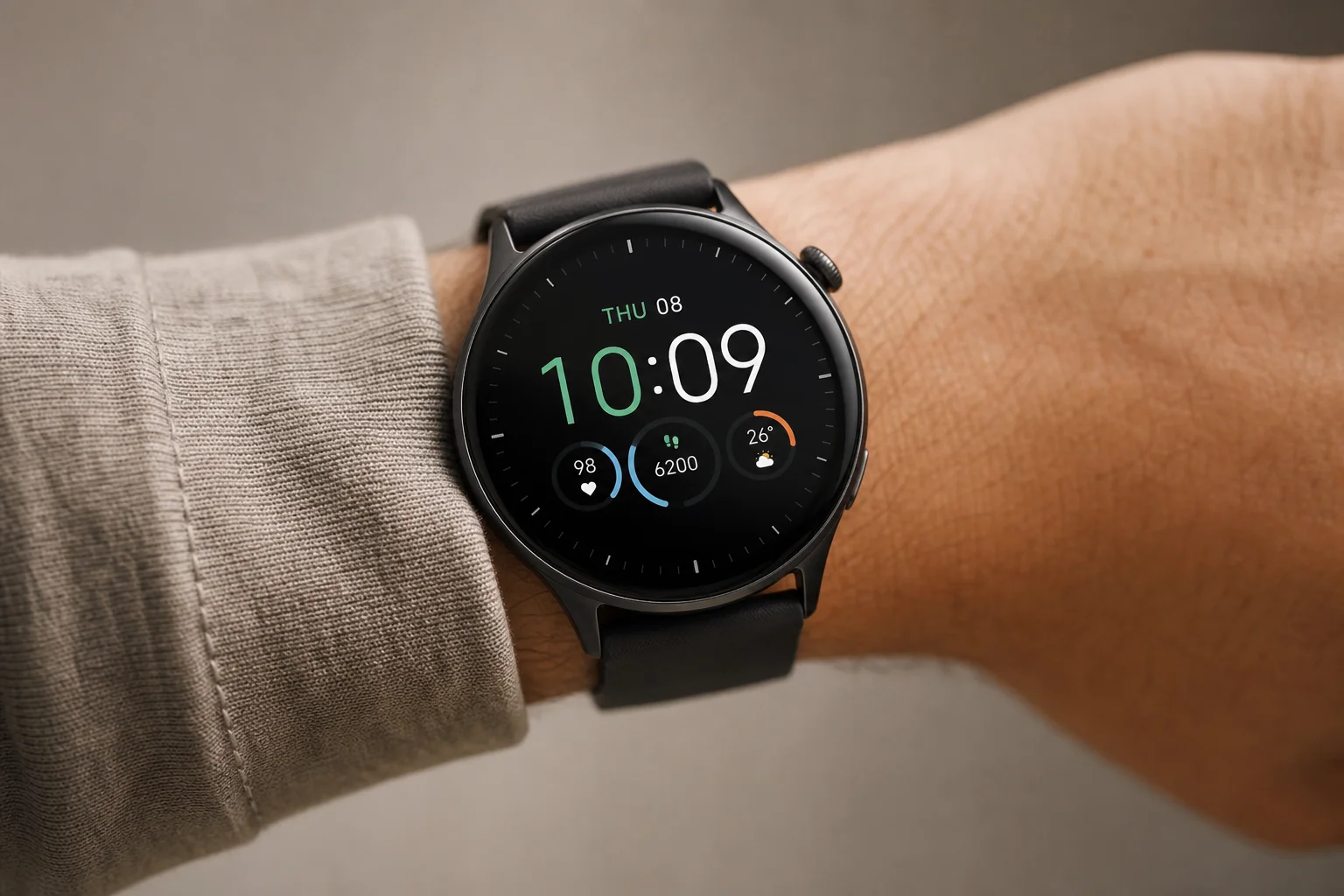 Smartwatch on wrist showing AMOLED screen with always-on display information