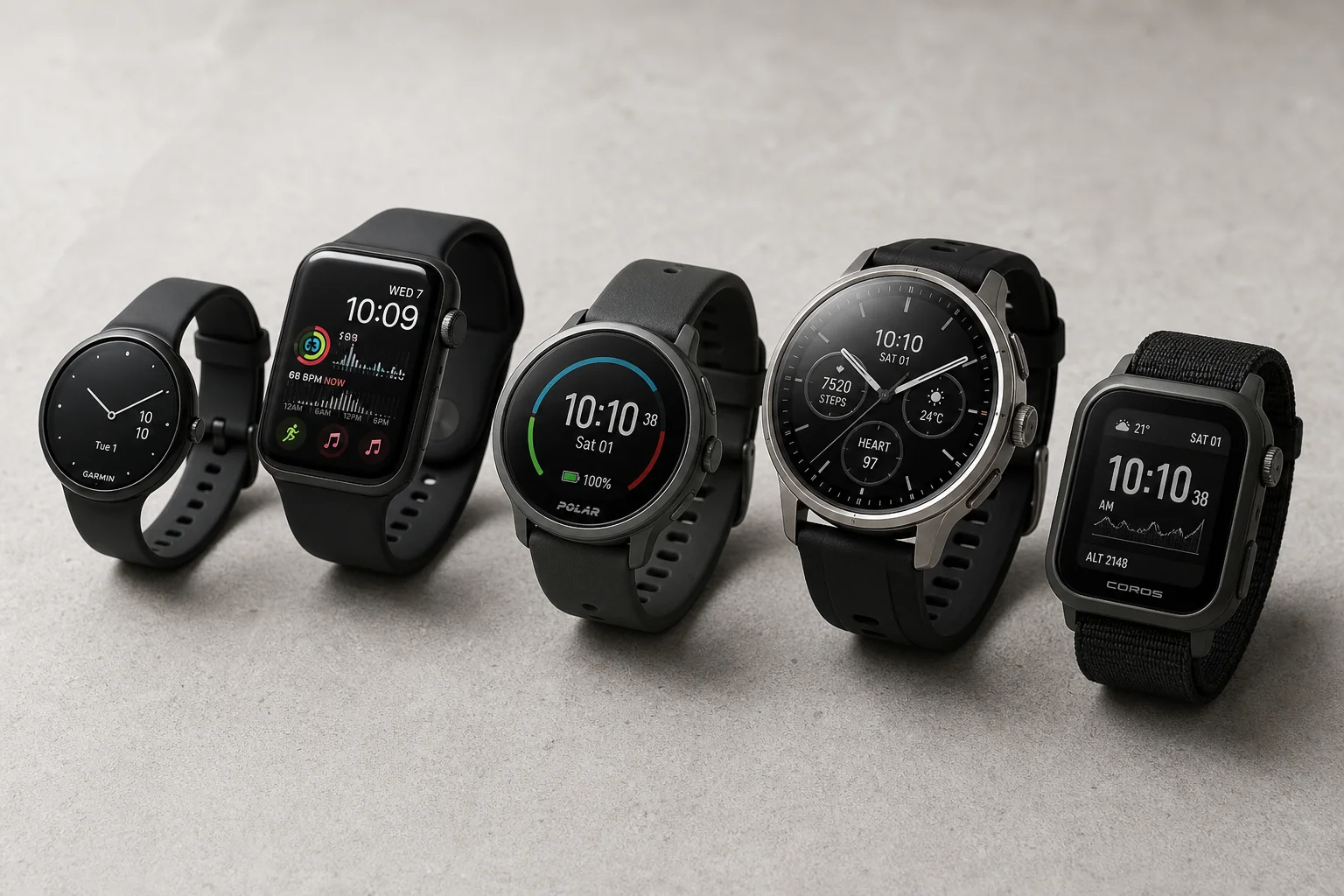 Five budget smartwatches arranged on concrete showing variety of designs and display types