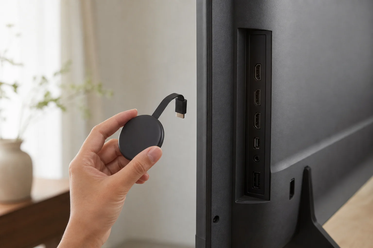 有人將小型串流電視棒放在電視 HDMI 連接埠旁