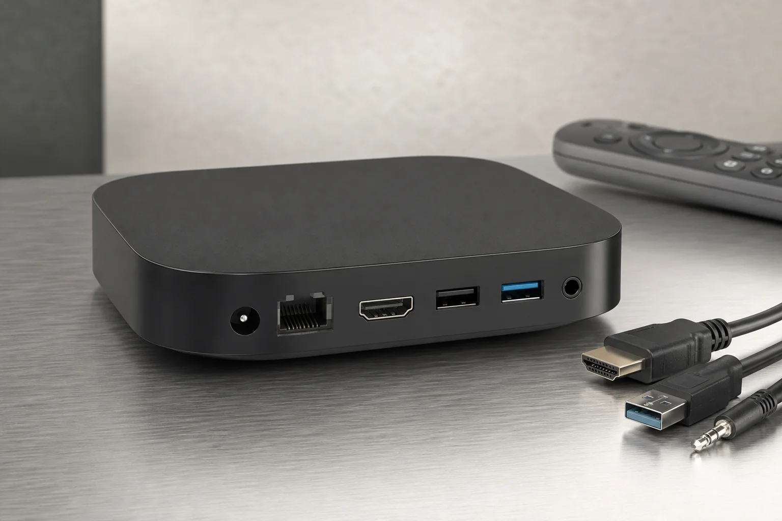 桌面上帶有 USB 連接埠與音訊插孔的串流裝置與線材