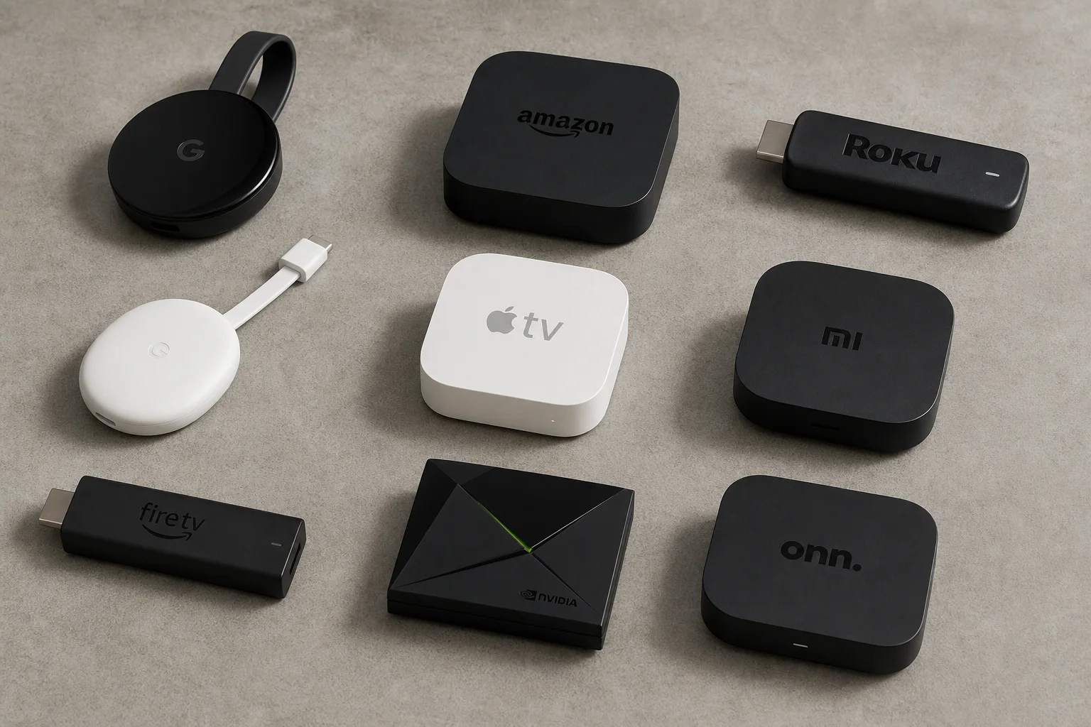 九款串流裝置排列在水泥表面上，包含 Google Chromecast、Amazon Fire TV 及其他品牌