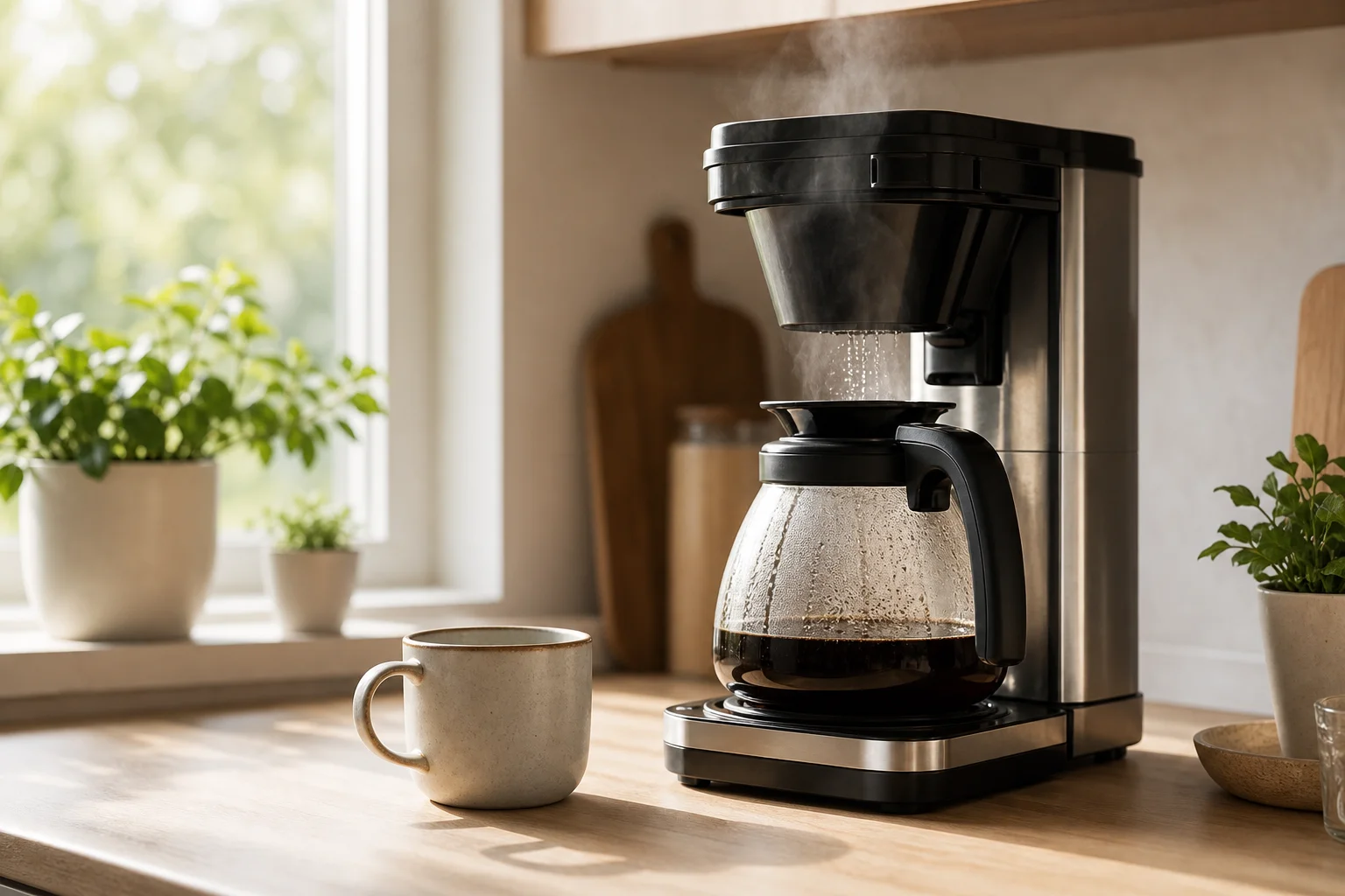 Morgendliche Küchenszene mit einer brühenden Bunn Kaffeemaschine und aufsteigendem Dampf