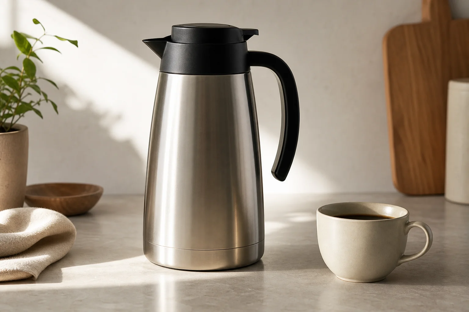 Thermokanne auf einer Küchentheke mit einer Kaffeetasse daneben