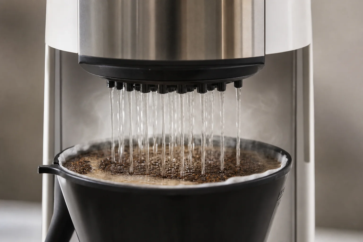 Bunn Kaffeemaschine während des Brühvorgangs mit sichtbarem Multi-Stream-Duschkopf