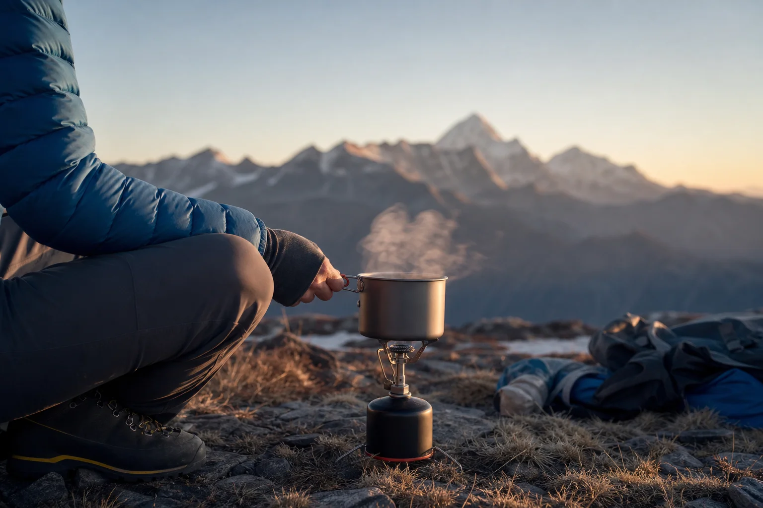 Mochilero cocinando con un hornillo compacto en un campamento de montaña