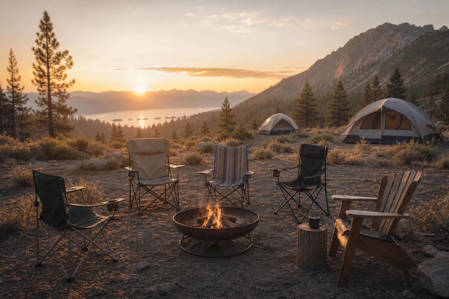 Sillas de camping dispuestas alrededor de una hoguera al atardecer con tiendas de campaña al fondo
