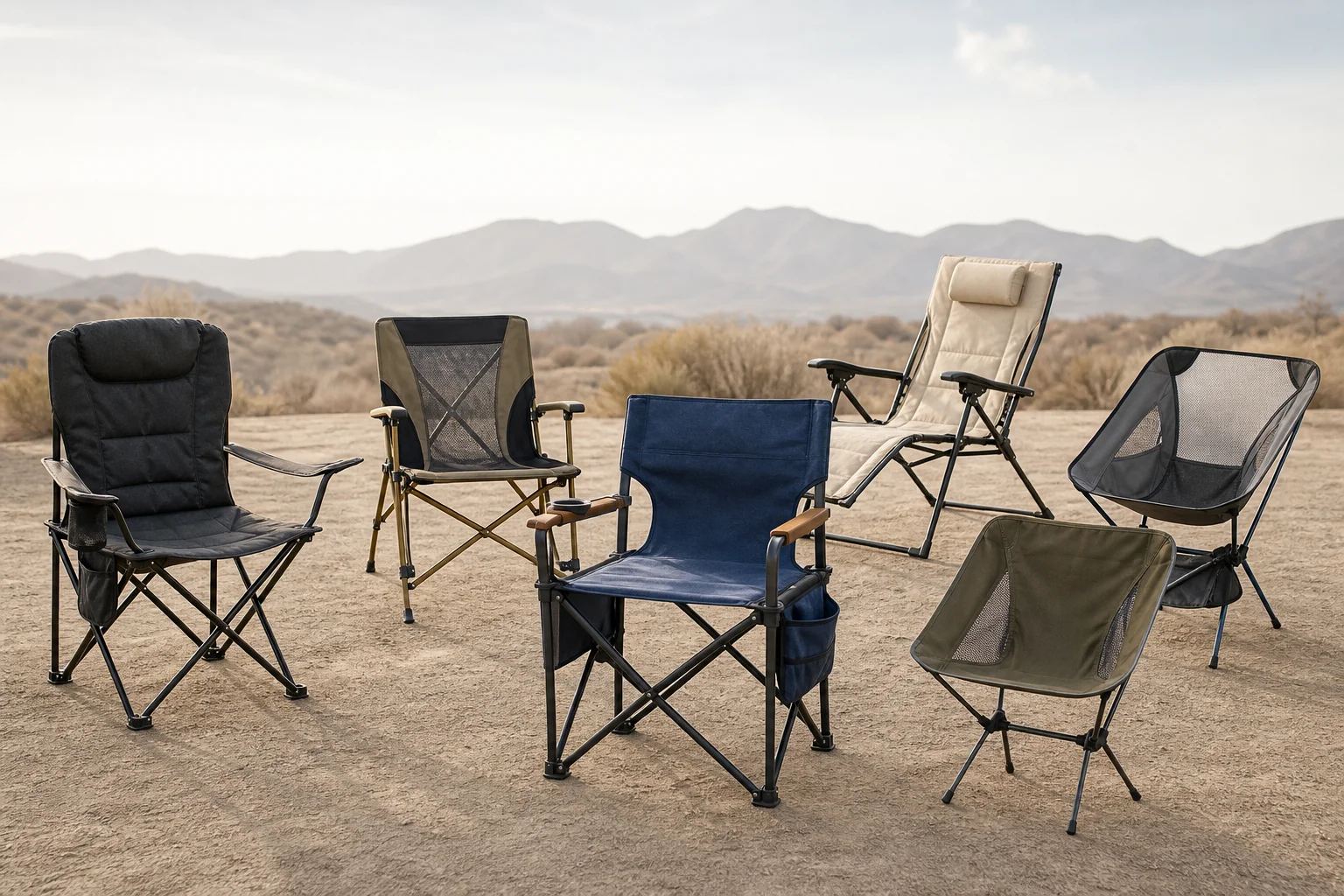 Múltiples modelos de sillas de camping expuestos mostrando diversas características y diseños