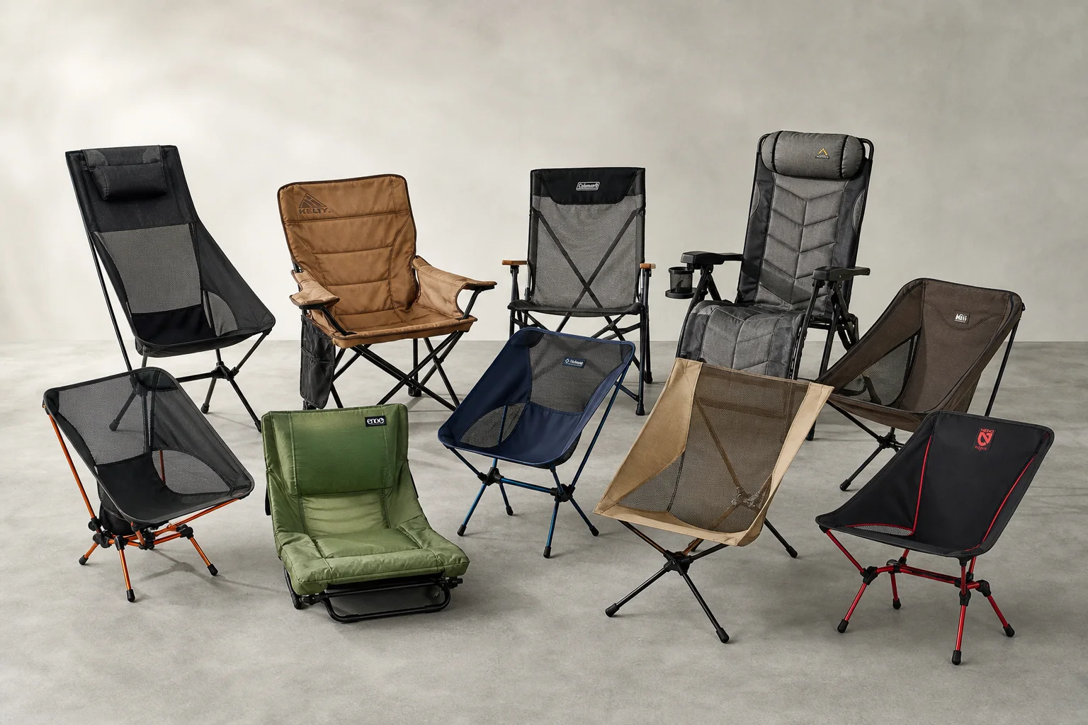 Collection of 10 different camping chair models arranged on concrete surface