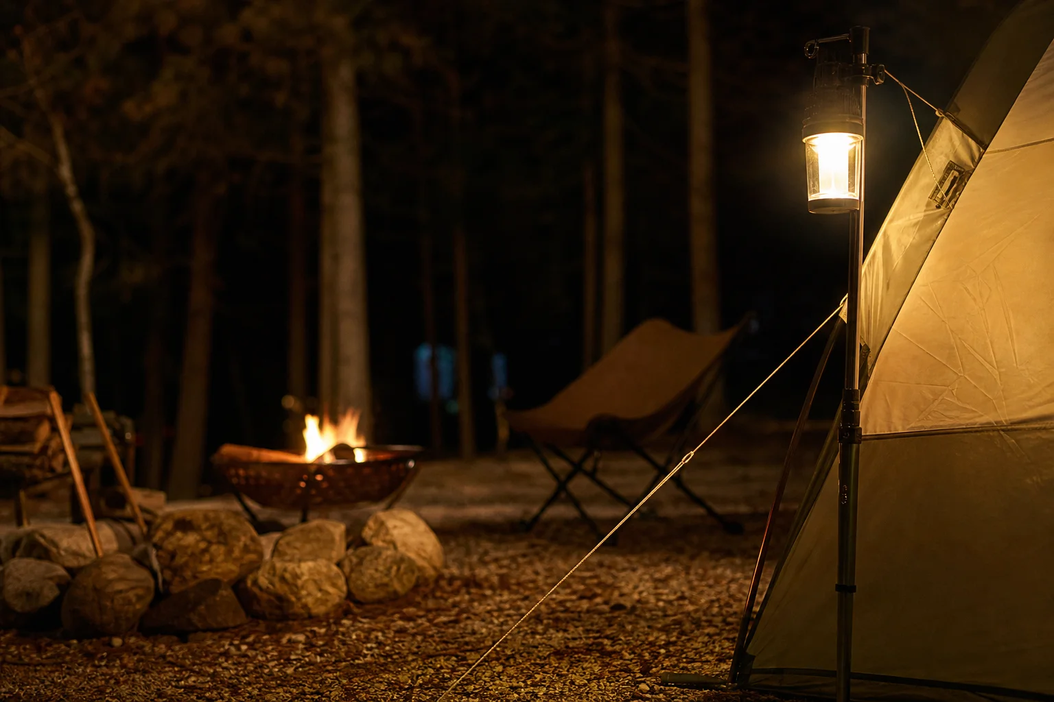 Campingmiljö med lykta monterad på en tältstång under natten