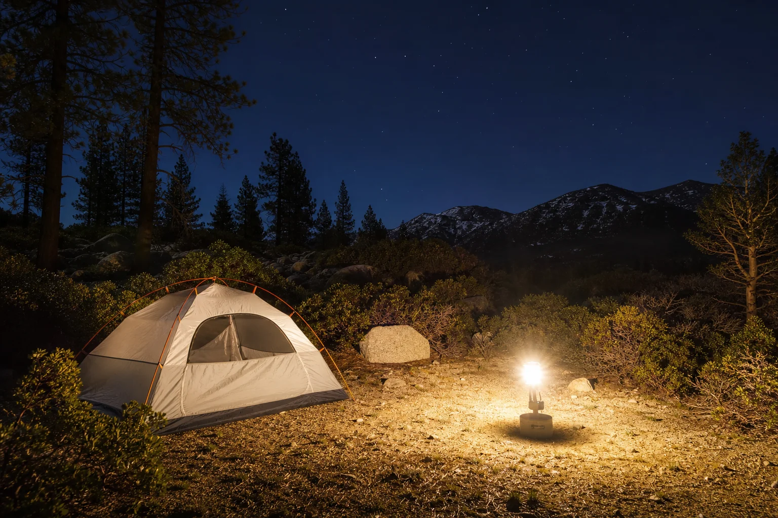 Campinglykta som ger stark belysning över ett utomhusområde under natten
