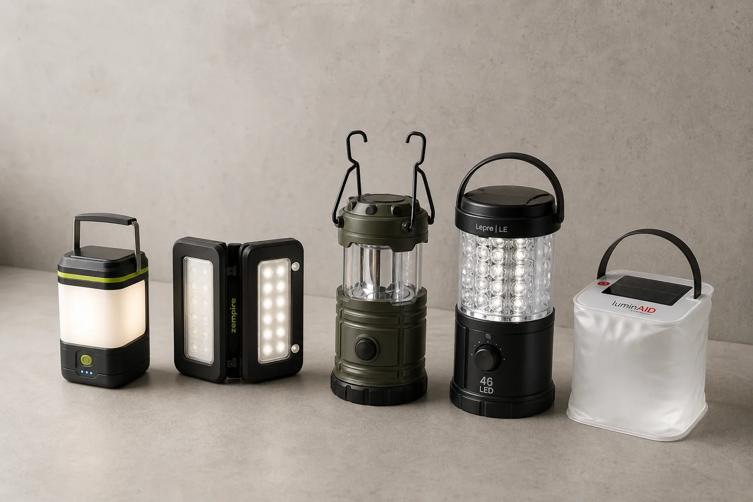 Five camping lanterns displayed in a row on concrete surface