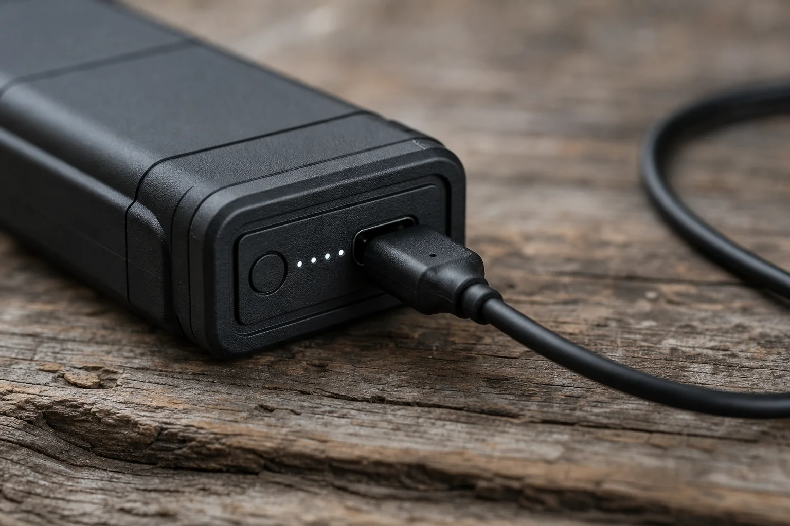Close-up of rechargeable battery pack with USB charging cable
