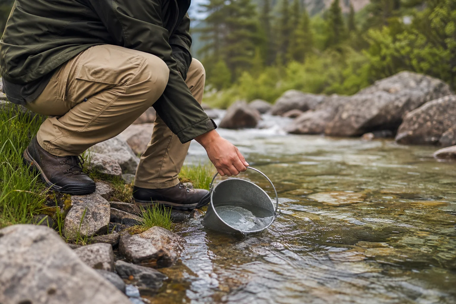 Camper filling water bucket at stream for shower use