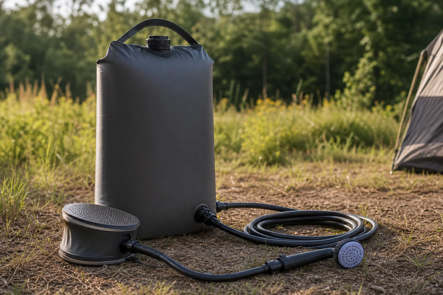 Foot-pump camping shower with fabric tank at campsite
