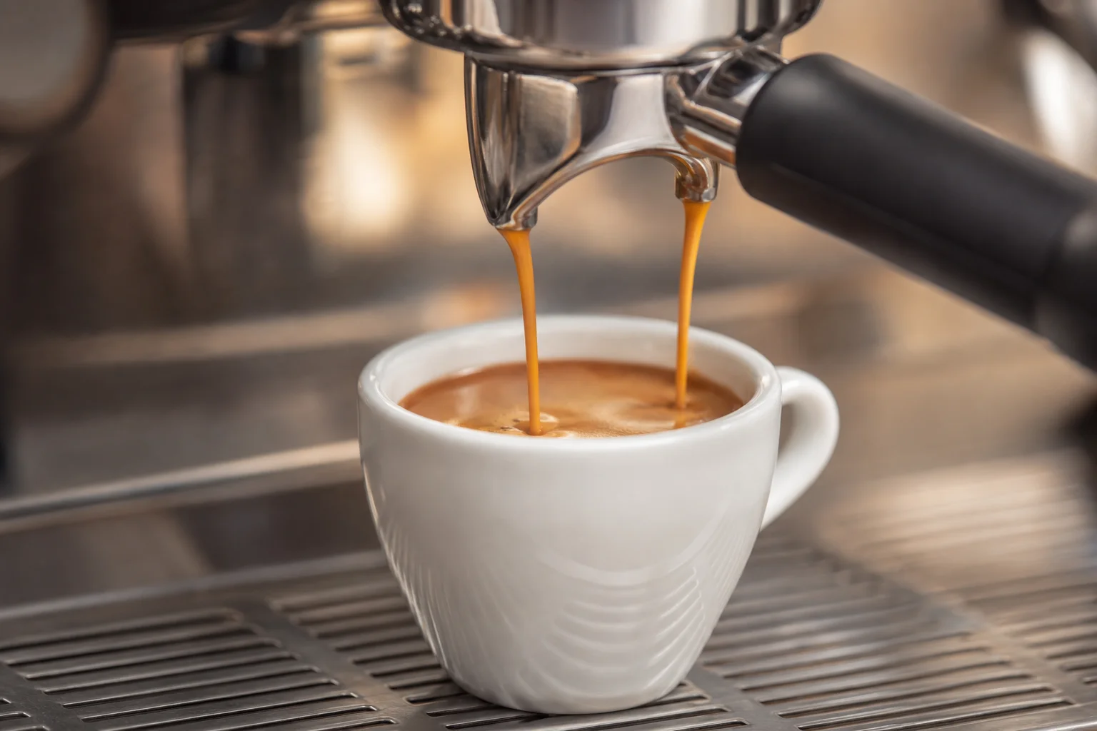Espressotasse mit reichhaltiger Crema, die von einer Kaffeemaschine befüllt wird