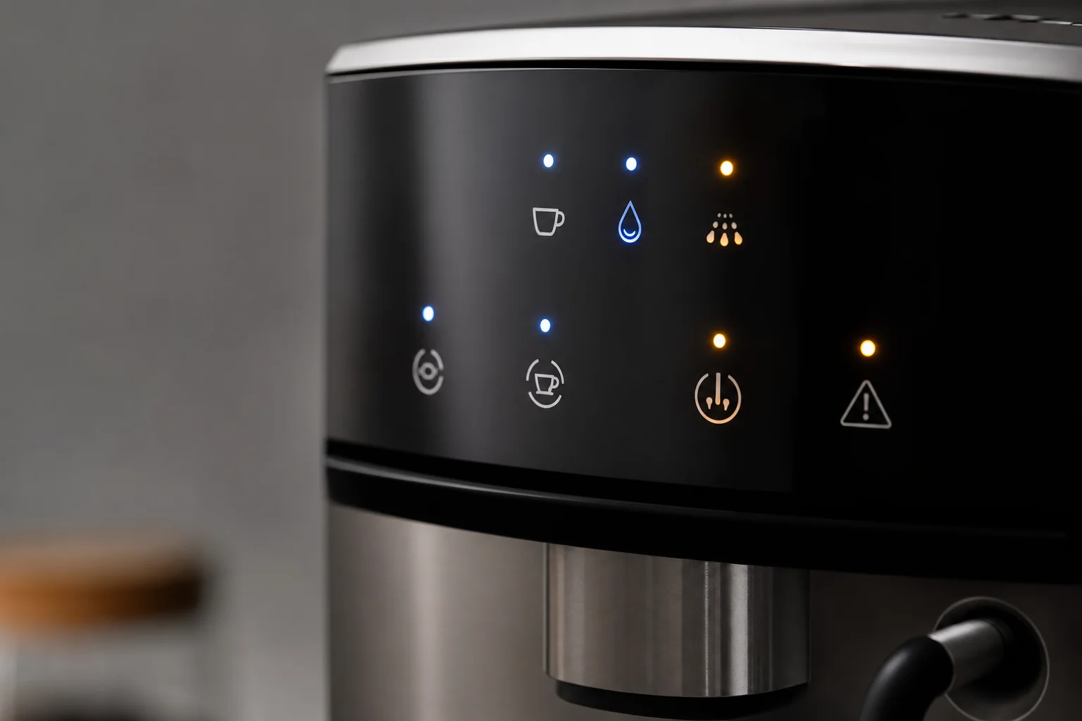 Bedienfeld einer Kaffeemaschine mit beleuchteten LED-Statusanzeigen