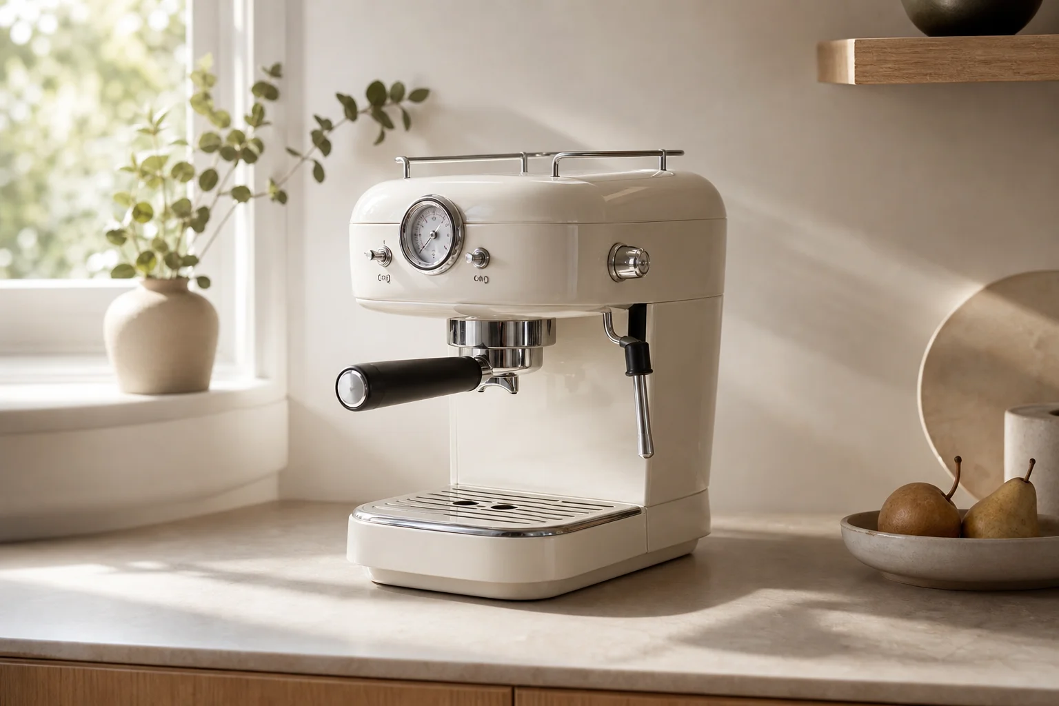 Kompakte Espressomaschine auf einer Küchenarbeitsplatte im Morgenlicht
