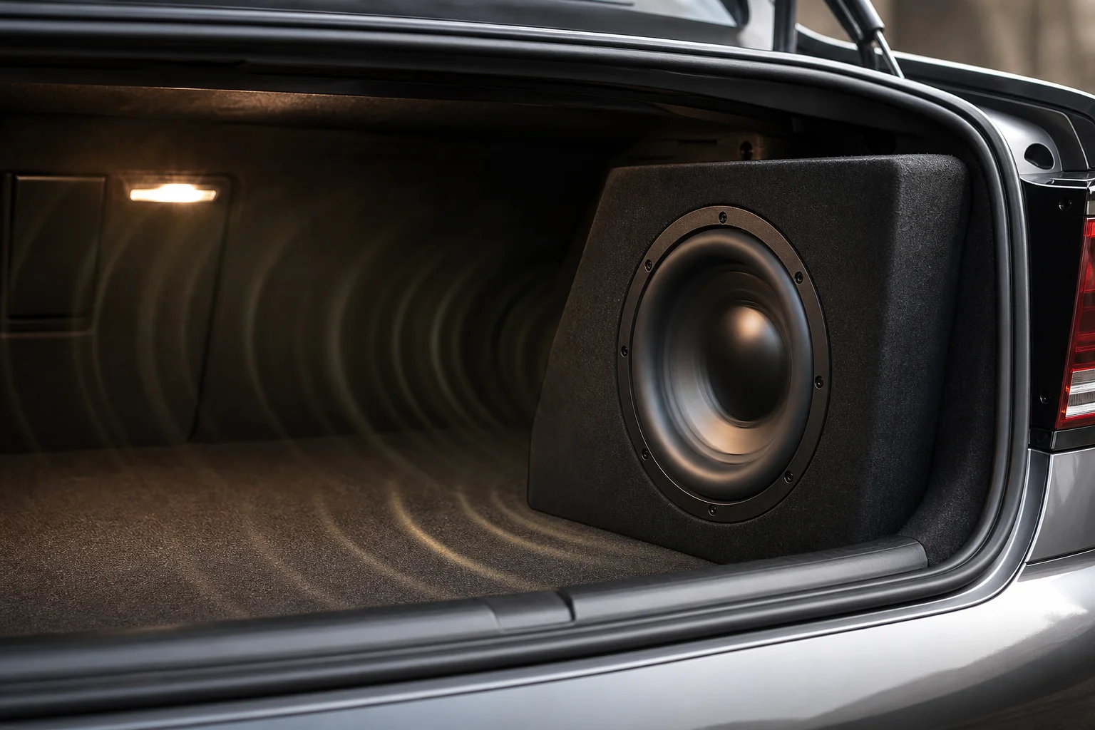 Car trunk interior with bass-heavy music playing, showing bass response