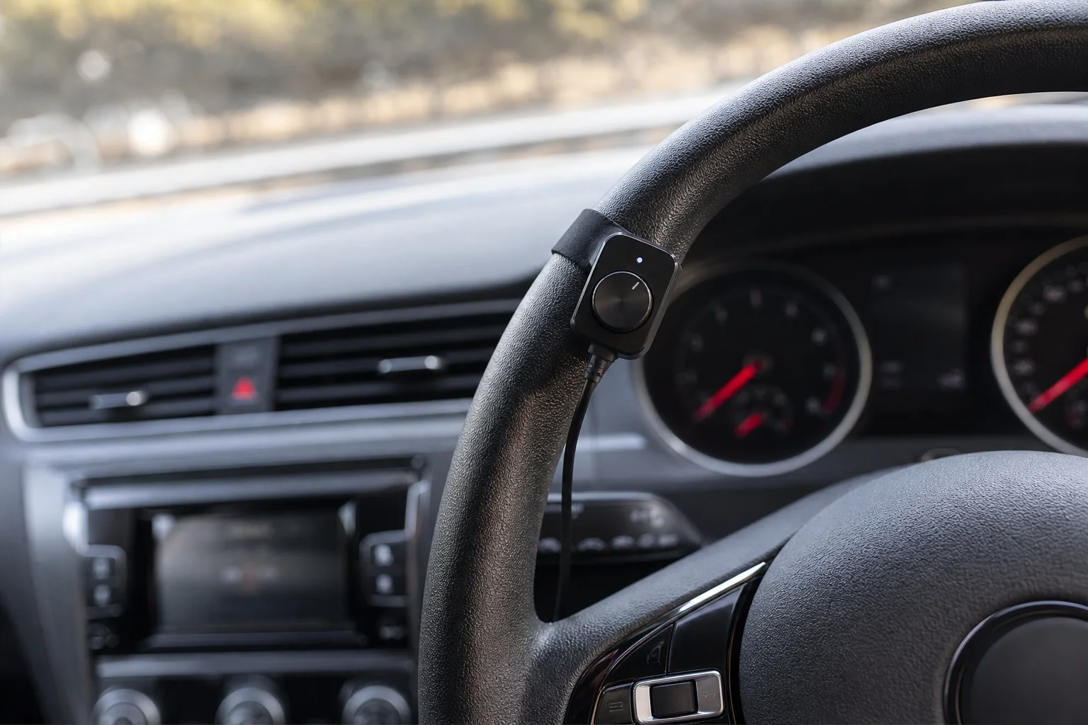 Car interior dashboard and steering wheel with bass control remote