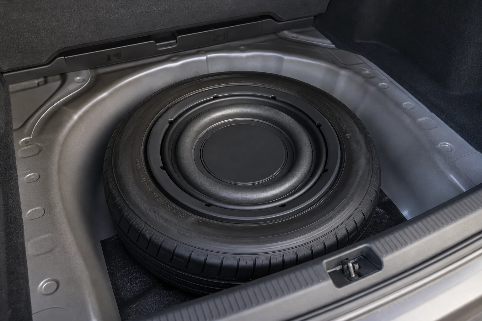 Car spare tire compartment with subwoofer installation visible