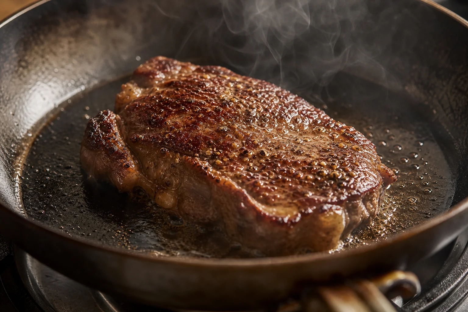 Close-up of a sizzling steak being seared in a carbon steel pan