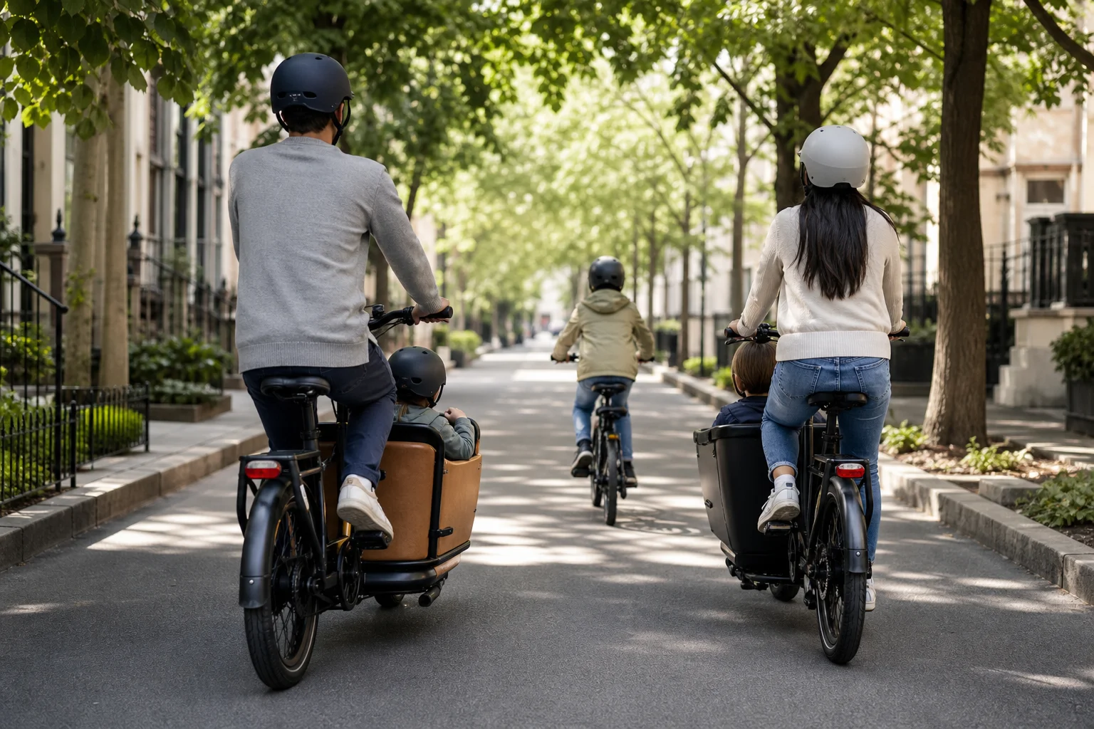 Family riding electric cargo bikes on tree-lined urban street