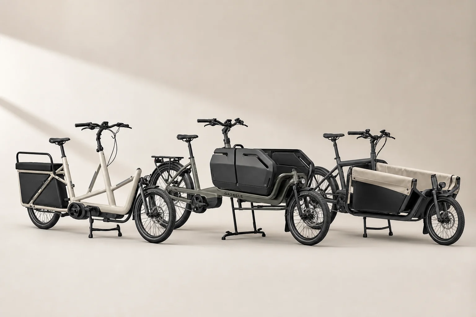 Three electric cargo bikes displayed side by side on neutral backdrop