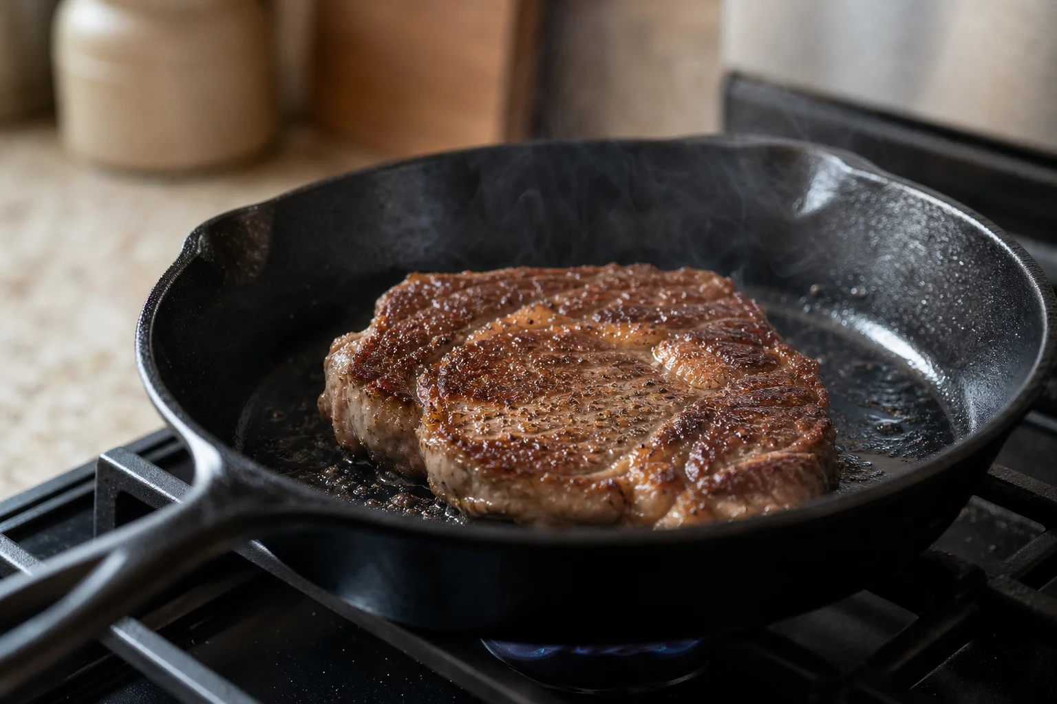 Cast iron skillet searing a steak with visible browning and heat shimmer