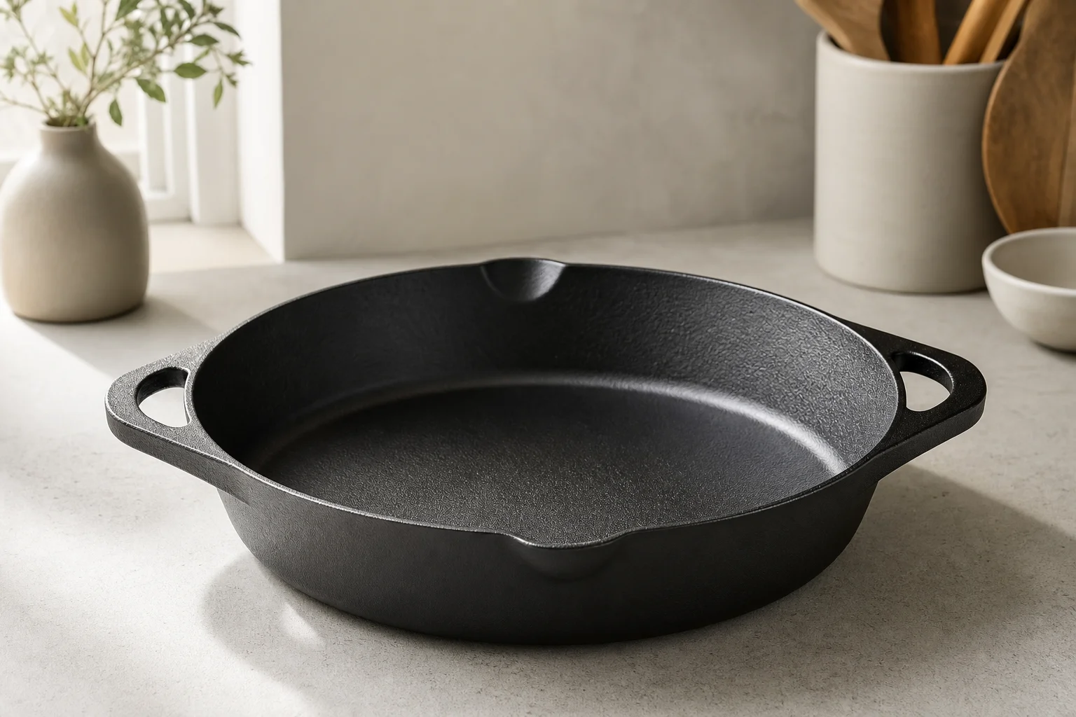 Cast iron skillet with dual handles and pouring spout on a kitchen counter
